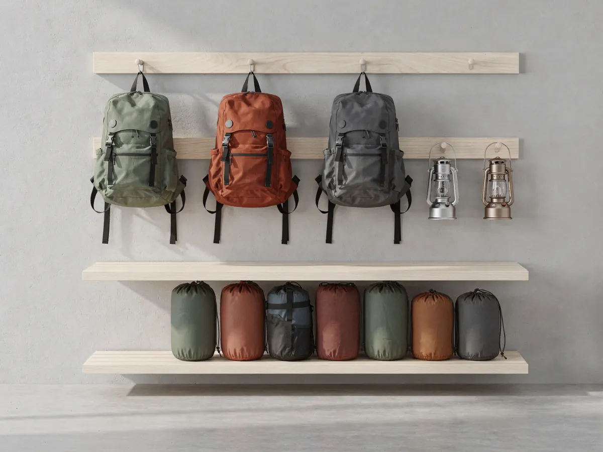 Backpacks, lanterns and packed tents on the wall of our shop